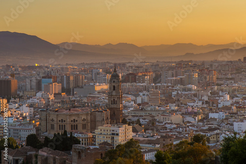 Beautiful View of Cathedral of Malaga at the sunset, golden hour. Costa del Sol Spain   © alexemarcel