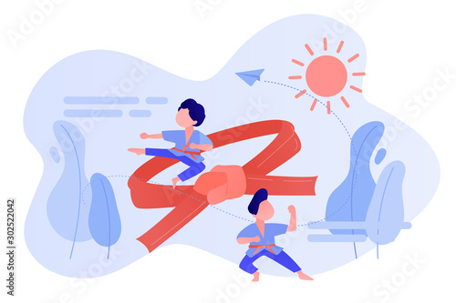 Young athletes doing karate outside at summer camp and big belt, tiny people. Karate camp, kids boxing club, fighting sport section concept. Pinkish coral bluevector isolated illustration