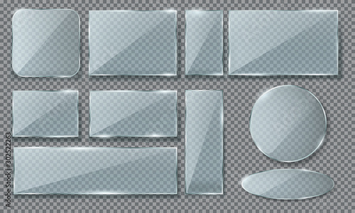 Set of isolated realistic blue glass, plaque