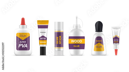 Set of isolated glue tubes or sticks, superglue