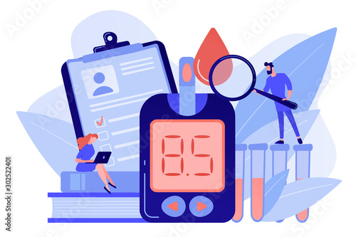 Doctor with magnifier and blood glucose testing meter. Diabetes mellitus, type 2 diabetes and insulin production concept on white background. Pinkish coral bluevector isolated illustration photo