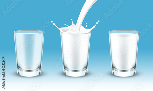 Milk pouring or falling into glass or cup