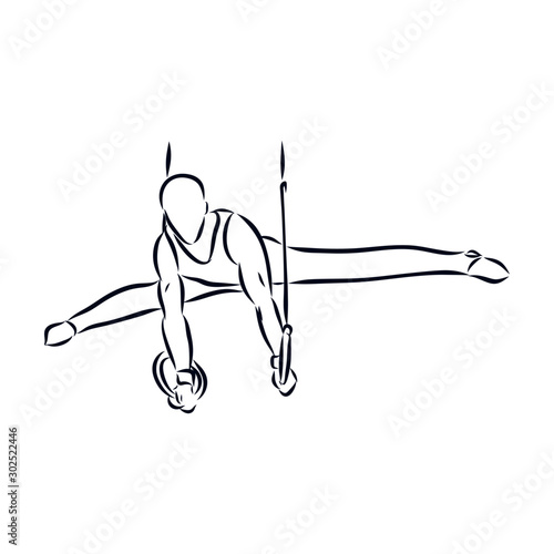 man gymnast on the rings, sketch, contour vector illustration 