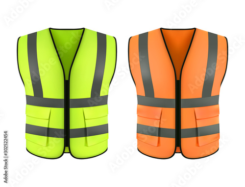 Reflective orange vest, green construction jacket