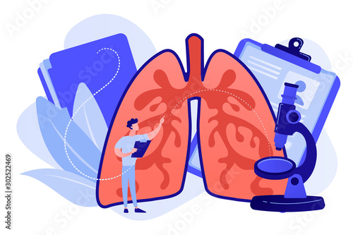 Doctor examines huge lungs desease and microscope. Obstructive pulmonary disease, chronic bronchitis and emphysema concept on white background. Pinkish coral bluevector vector isolated illustration