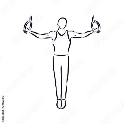 illustration of man gymnast on the rings, sketch, contour vector illustration 