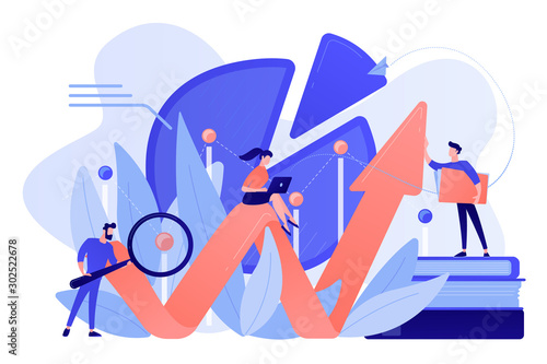People recording analytics data of the IT project identifying business needs and determining solutions to business problems. Business analysis IT concept. Pinkish coral blue palette. Vector