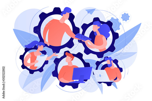 IT team members working as one mechanizm. Dedicated team - software development professionals engaged to the IT project. Business model in IT concept. Pinkish coral blue palette. Vector illustration