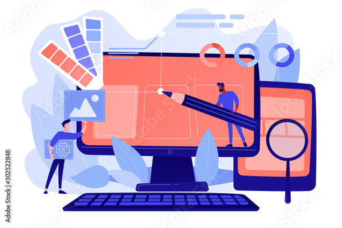 Designers are working on the desing of web page. Web design, User Interface UI and User Experience UX content organization. Web design development concept. Pinkish coral blue palette. Vector