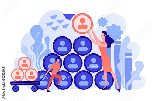 People building career pyramid with chief executive officer CEO on the top. Highest ranking manager, managing director in the IT company. IT team management concept. Pinkish coral blue palette. Vector