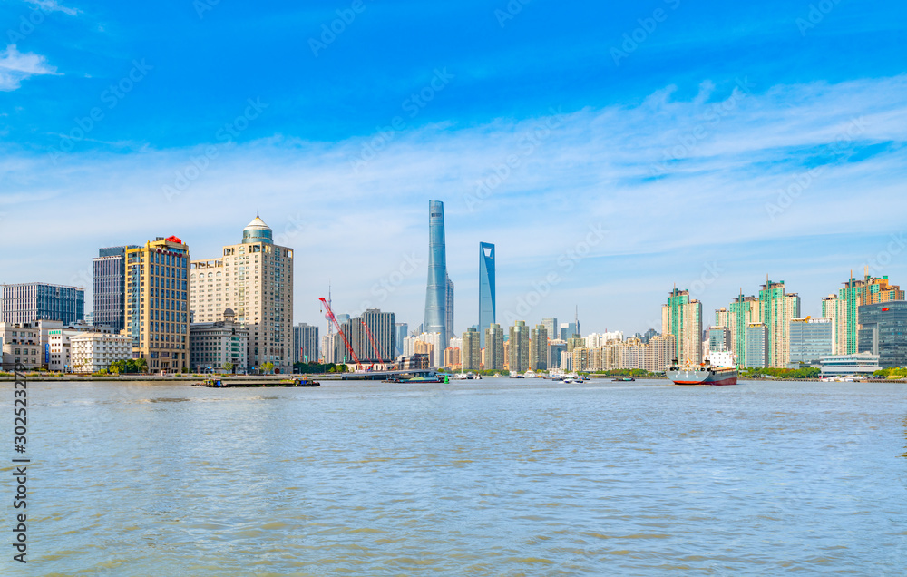 Fototapeta premium Cityscape of Tongqiao Ferry Crossing in Pudong New Area, Shanghai, China