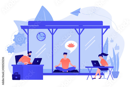 Business people working at laptops in office with meditation and relax area. Office meditation room, meditation pod, office relaxing place concept. Pinkish coral bluevector isolated illustration