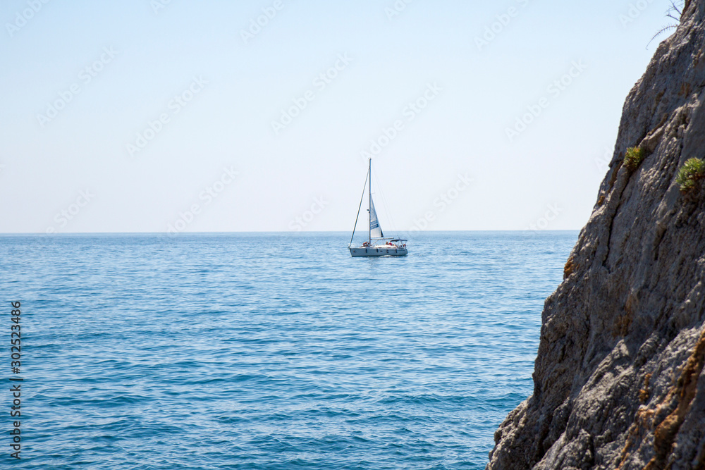 La Herradura, Malaga / Spain - August 07 2108 : Landscape View of yachting boat in Mediterranean Sea