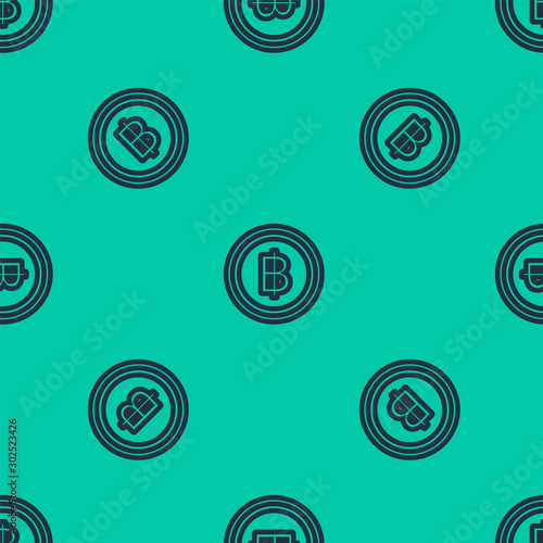 Blue line Cryptocurrency coin Bitcoin icon isolated seamless pattern on green background. Blockchain technology, bitcoin, digital money market, cryptocoin wallet. Vector Illustration