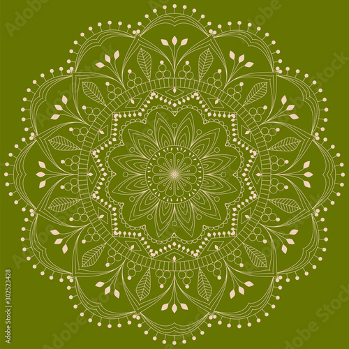 Beautiful mandala circle for mehndi, tattoo coloring book meditation, yoga, green background vector illustration