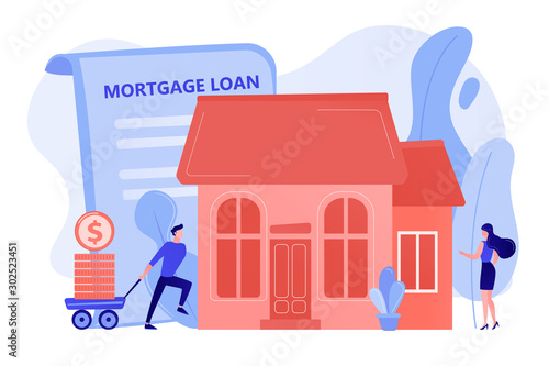 Borrower making mortgage payment for real estate and mortgage loan agreement. Mortgage loan, home bank credit, real estate services concept. Pinkish coral bluevector isolated illustration