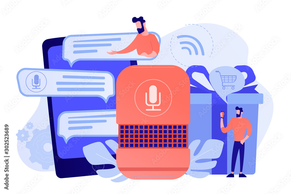 Customer shopping online, ordering goods and delivery with smart speaker. Voice activated digital assistants, voice controlled online shopping concept. Vector isolated illustration. - obrazy, fototapety, plakaty 