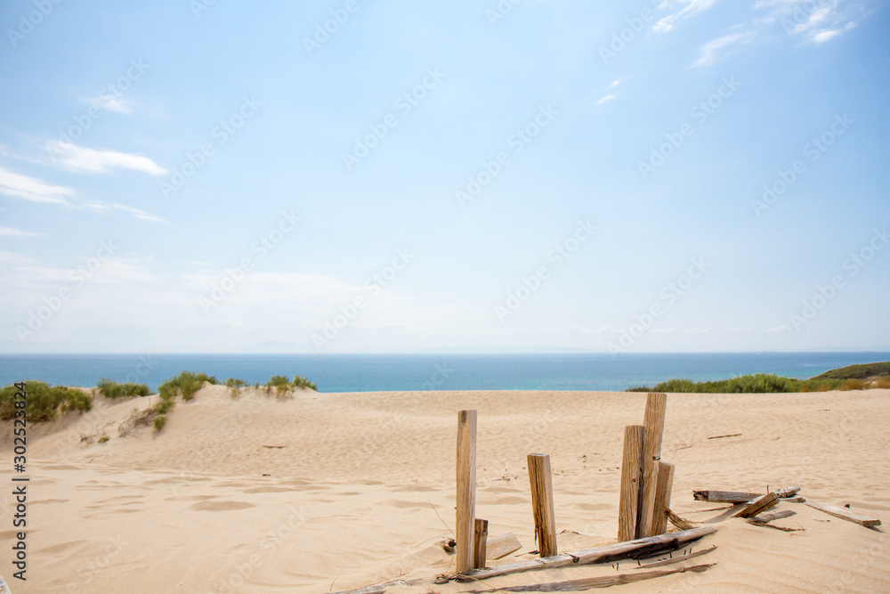 Landscape View of Tarifa - Cadiz - Sand Dunes at Punta Paloma Beach. Mediterranean sea in background