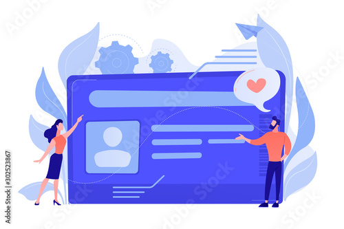 Smart ID card with photo and users. Identification microchip and electronic identity card, plastic smartcard, personal information chipcard concept. Vector isolated illustration.