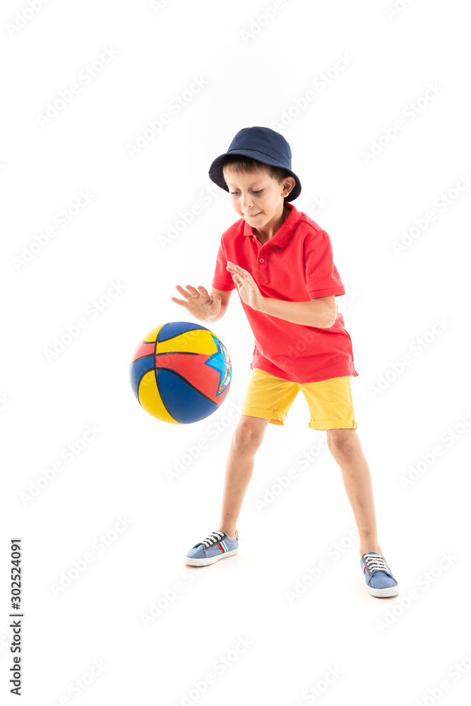 Caucasian teenager boy play basketball, picture isolated on white background