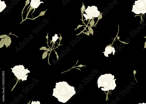 Wallpaper Mural Roses and spring flowers seamless pattern. Graphic drawing, engraving style. Vector illustration. Isolated on black background. Torontodigital.ca