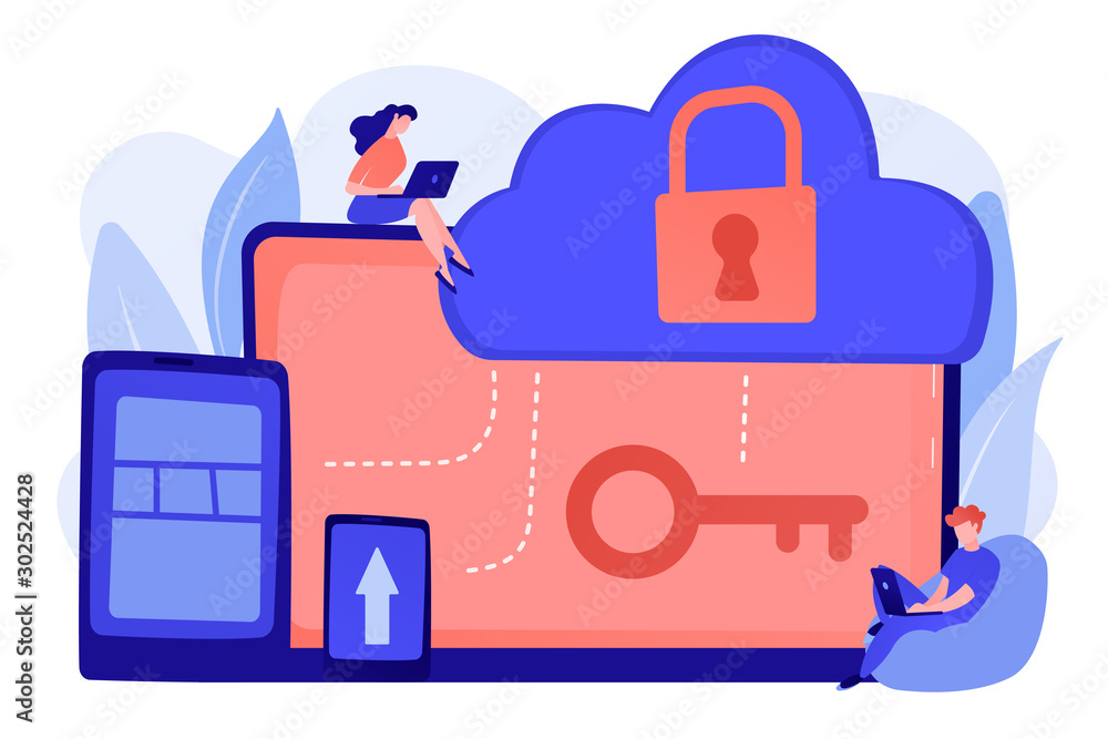 Architect and engineer working on technologies and controls to protect data and applications. Cloud computing and cloud information security concept. Pinkish coral bluevector isolated illustration Architect and engineer working on technologies and controls to protect data and applications. Cloud computing and cloud information security concept. Pinkish coral bluevector isolated illustration