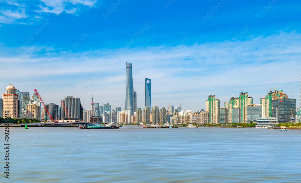 Naklejka premium Cityscape of Tongqiao Ferry Crossing in Pudong New Area, Shanghai, China