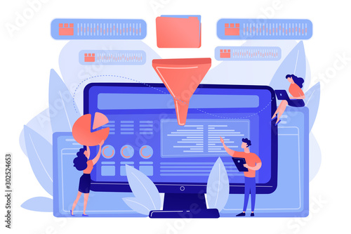 Dashboard consolidating metrics on computer screen. Business intelligence dashboard, business analytics tool, business intelligence metrics concept. Pinkish coral bluevector isolated illustration