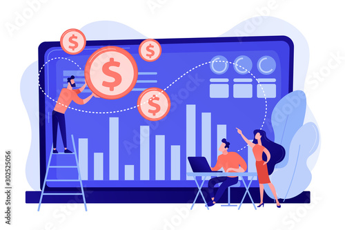 Tiny business people and analysts transforming data into money. Data monetization, monetizing of data services, selling of data analysis concept. Pinkish coral bluevector isolated illustration