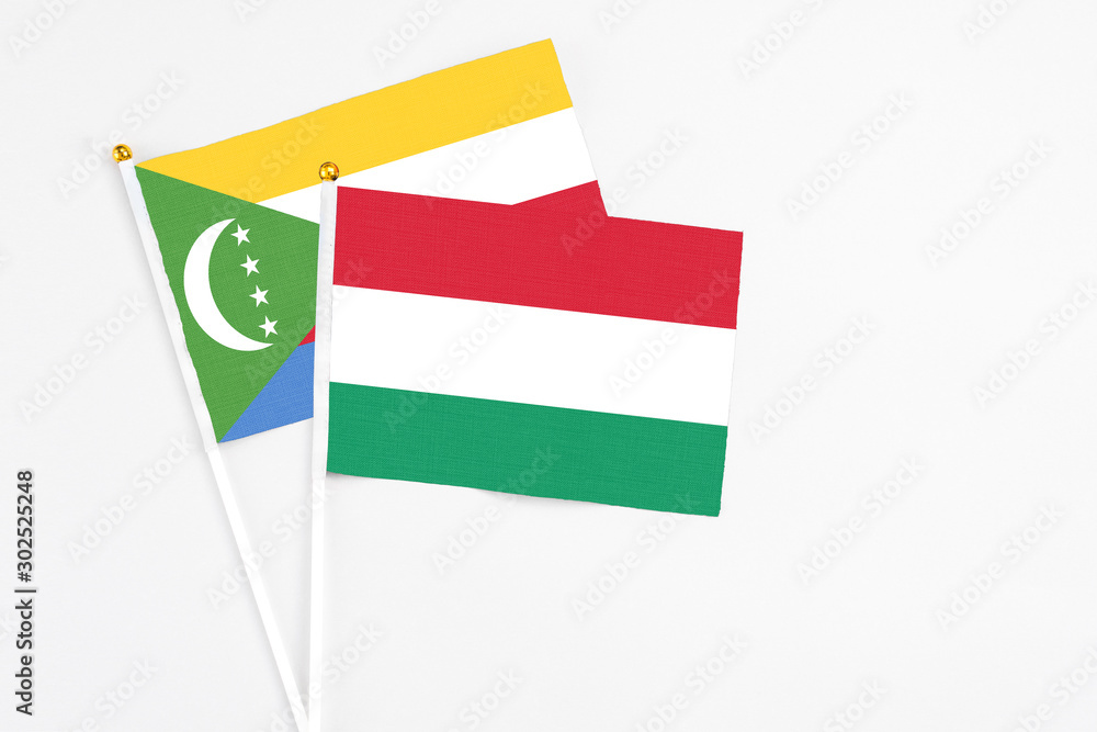 Hungary and Comoros stick flags on white background. High quality fabric, miniature national flag. Peaceful global concept.White floor for copy space. Hungary and Comoros stick flags on white background. High quality fabric, miniature national flag. Peaceful global concept.White floor for copy space.