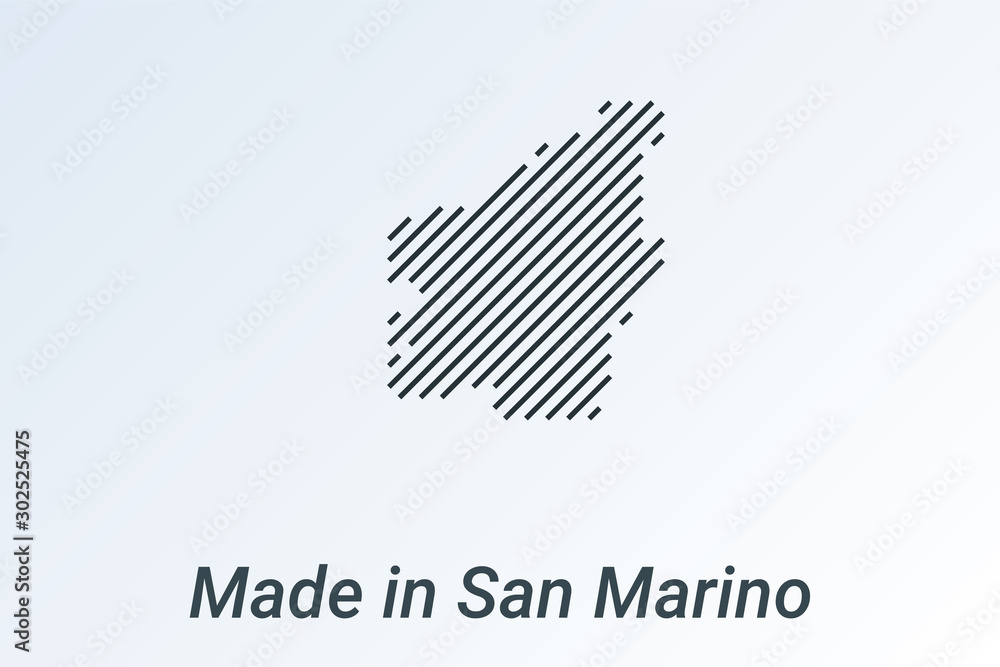 Made in San Marino, striped map in a black strip on a silver background Made in San Marino, striped map in a black strip on a silver background