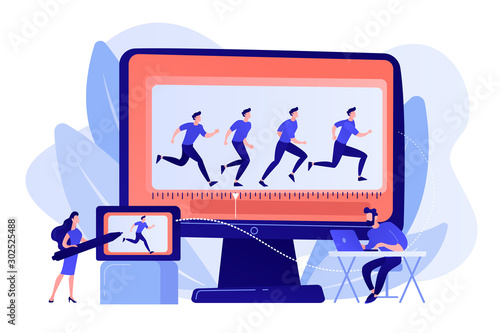 Animator working on character movement. Designing frames of walking. Computer animation, cartoon video creation, make your story alive concept. Pinkish coral bluevector isolated illustration