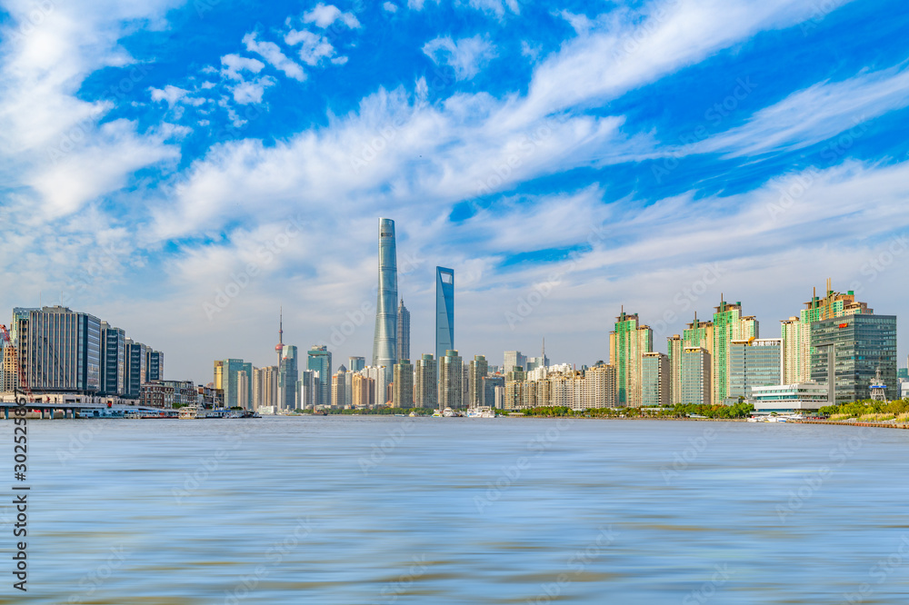 Obraz premium Cityscape of Tongqiao Ferry Crossing in Pudong New Area, Shanghai, China