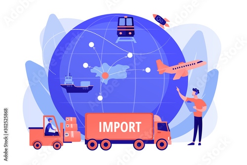 Company specializing in foreign products. Import of goods and services, import goods services, international sales process concept. Pinkish coral bluevector isolated illustration