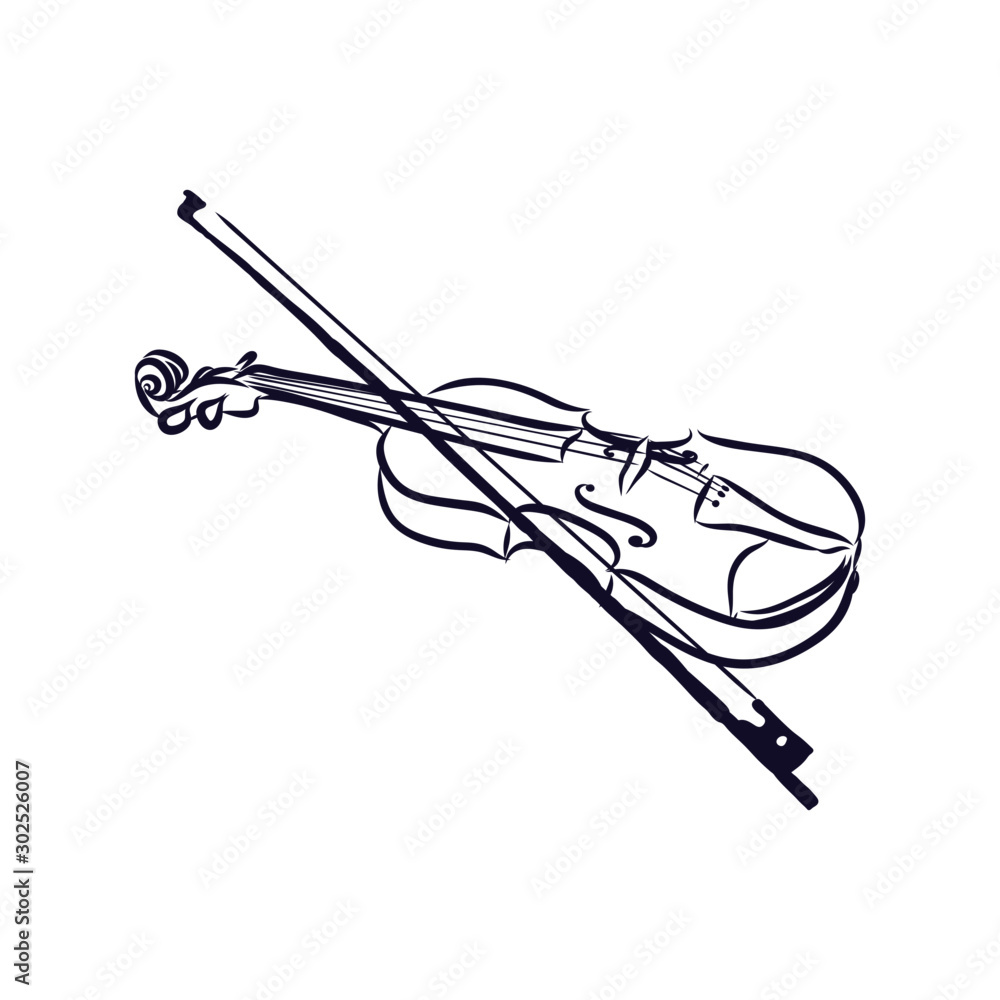 Musical Instrument Line Sketch Violin Or Viola With Bow Outline Black And  White Vector Illustration Stock Illustration - Download Image Now - iStock