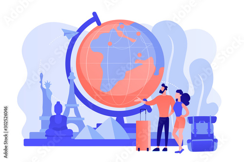 Tourists visiting Europe, America, Asia. Sightseeing tour for family vacation. Romantic couple enjoying worldwide journey, honeymoon. Pinkish coral bluevector isolated illustration