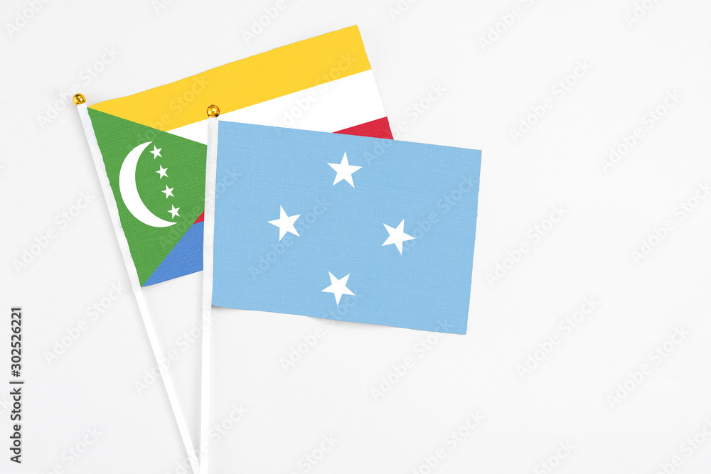 Micronesia and Comoros stick flags on white background. High quality fabric, miniature national flag. Peaceful global concept.White floor for copy space. Micronesia and Comoros stick flags on white background. High quality fabric, miniature national flag. Peaceful global concept.White floor for copy space.