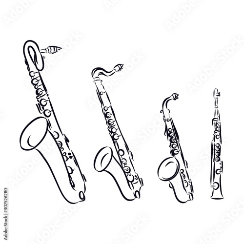 saxophone on white background, set of music instrument, sketch 