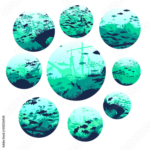 Set the underwater scene. Silhouette of fish and algae on the background of reefs. Flora and fauna of the ocean.