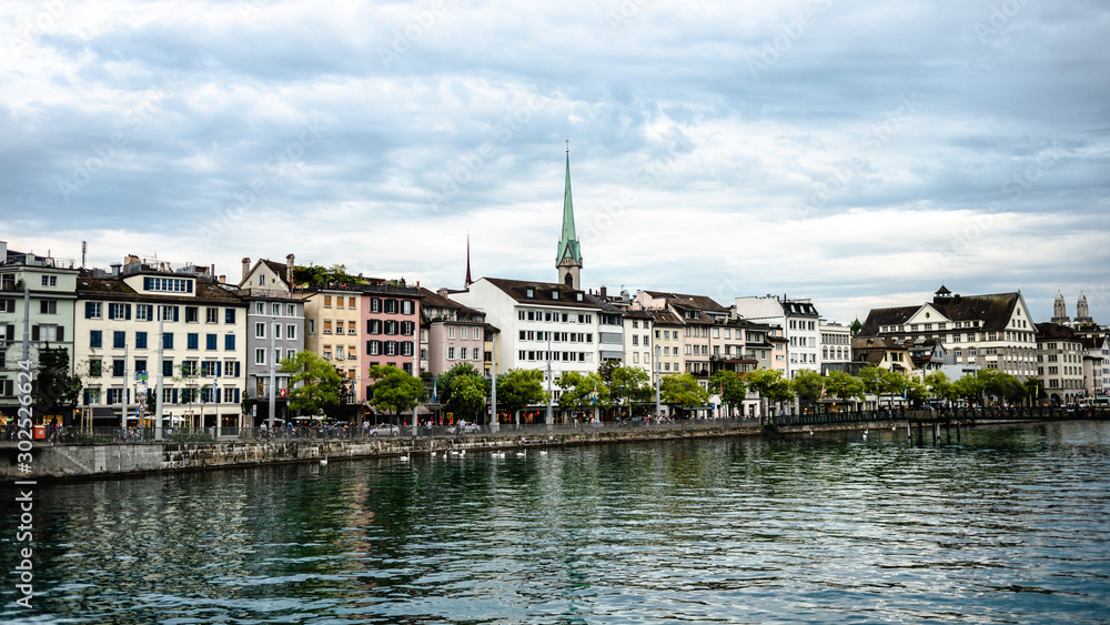 The Limmat river shot in Zurich, Switzerland.