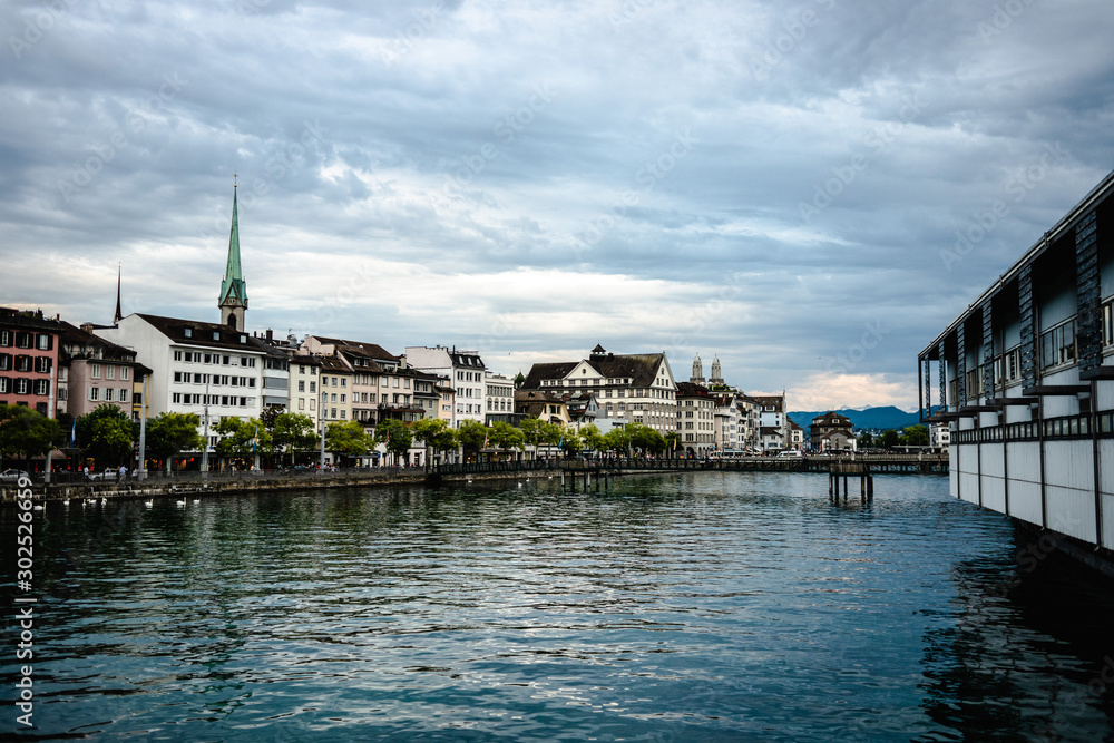 The Limmat river shot in Zurich, Switzerland.