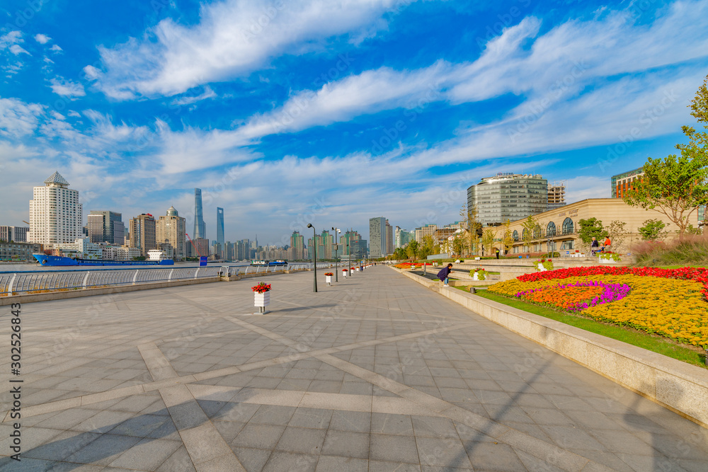 Riverside cityscape in the center of Lujiazui Riverine, Shanghai