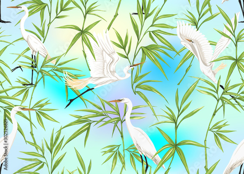 Seamless pattern, background with tropical plants, flowers and birds. Colored vector illustration. In light ultra violet pastel colors on mesh pink, blue background