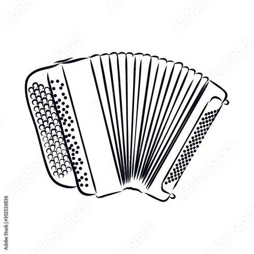 Accordion  isolated on white background, contour vector illustration,music instrument sketch 