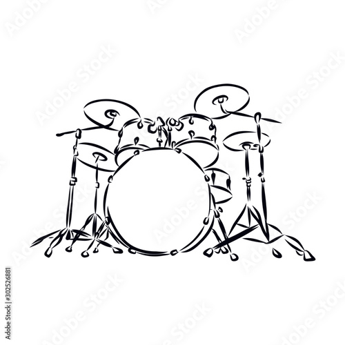 drum set sketch,music instrument, contour vector illustration 