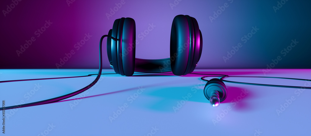 headphones on a black background close-up in neon light