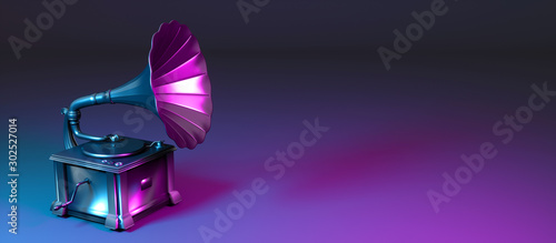 Tablou pe pânză metal gramophone in neon light