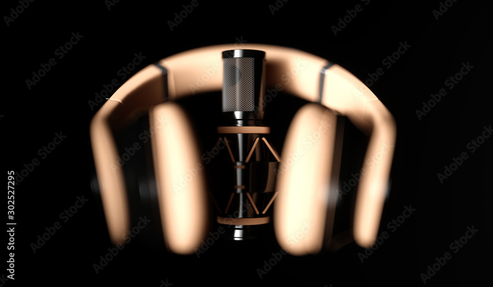 black microphone on a black background close-up with headphones