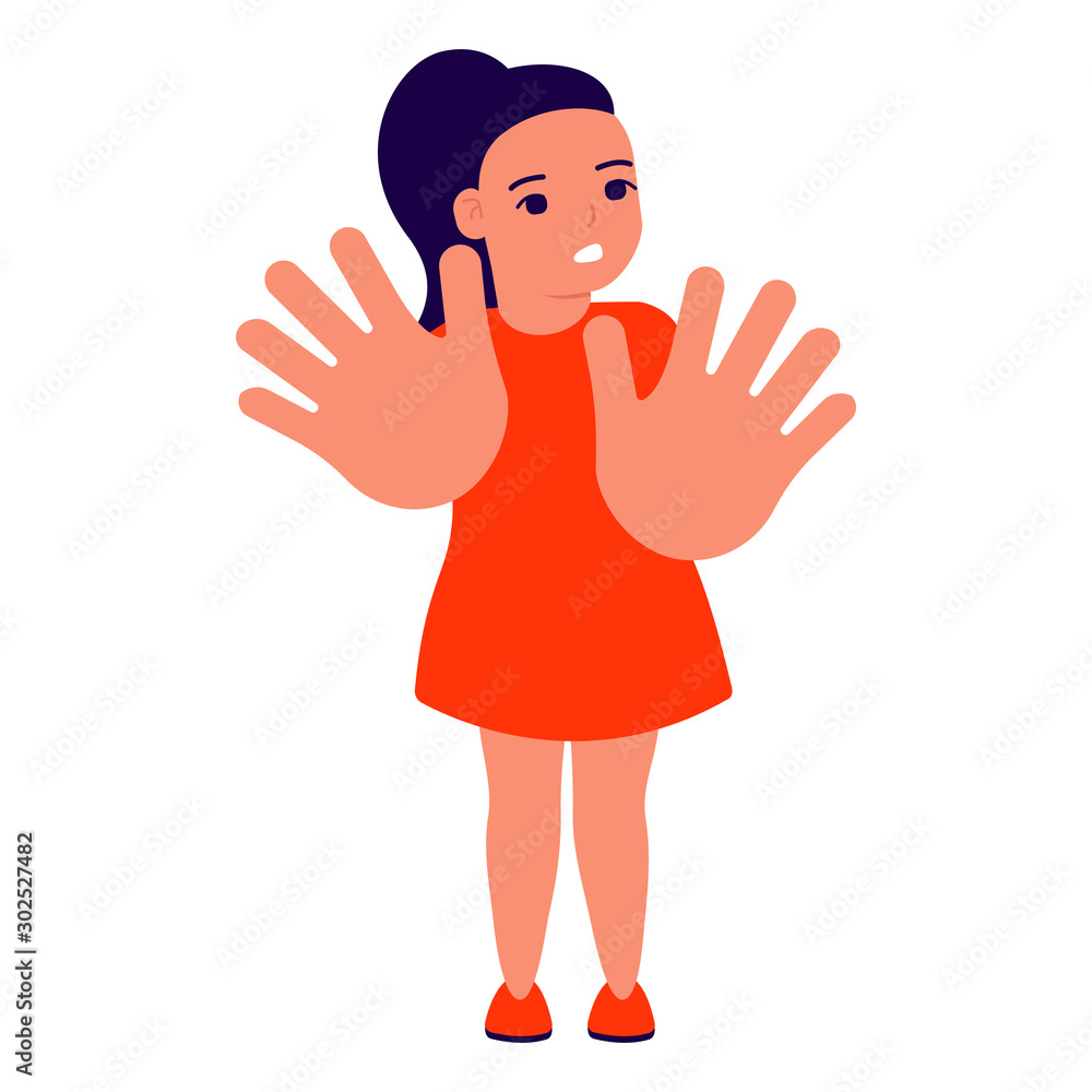 Frightened sad girl holds hands, restricting gesture, stop symbol. Violence, abuse against children. Vector illustration Frightened sad girl holds hands, restricting gesture, stop symbol. Violence, abuse against children. Vector illustration
