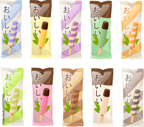 Vector illustration of various kinds of Asian Japanese ice creams or ice pops wth Asian flavors